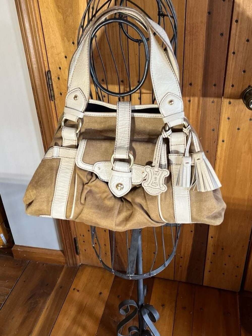 Celine Vintage Triomphe Logo Canvas and Leather Shoulder Bag with Tassel Detail